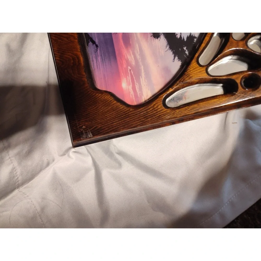 Handmade Wall Hanging With Mirror And Pict Of A Sunset. Shaped Like A Bear Paw